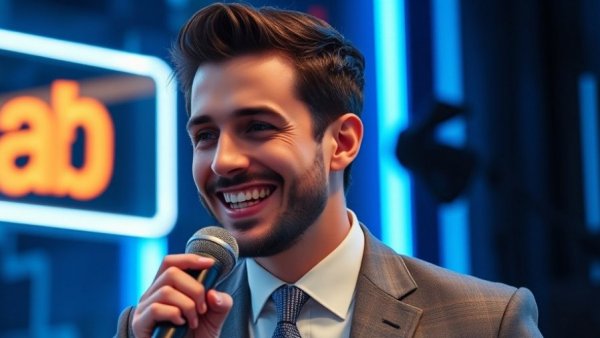 Man talking into a microphone in a neon-lit studio, 92% admin 8% revenue real estate mistakes.