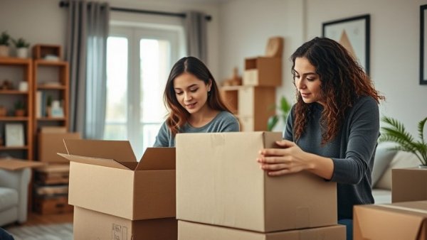 Women packing boxes in new home, moving soon after buying a home.