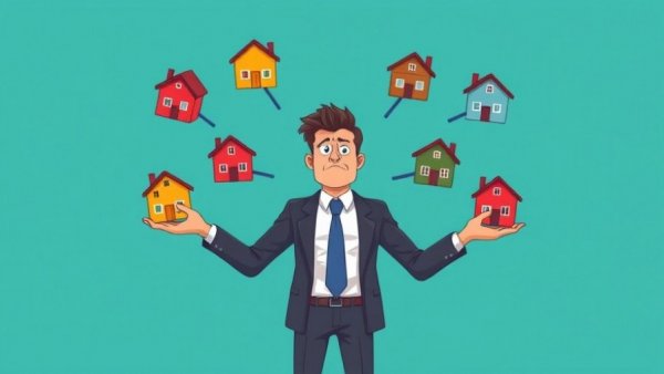 Confused businessman with colorful house options, private listings concept.