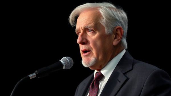 Elderly man podcasting in studio with microphone, professional setup