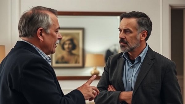 Middle-aged man conversing with another man in a mirrored room.