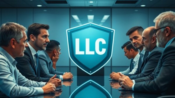 Entrepreneurs in discussion about LLC strategy with shield symbol.
