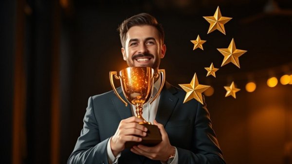 Spirit of ERA Award concept: Hand holding glowing trophy and stars.