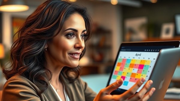 Realtor explaining April calendar on laptop for social media plan 2026.