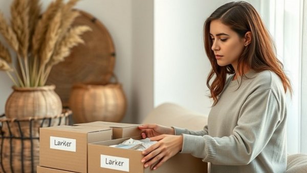 Woman organizing belongings to depersonalize her home, neutral decor.