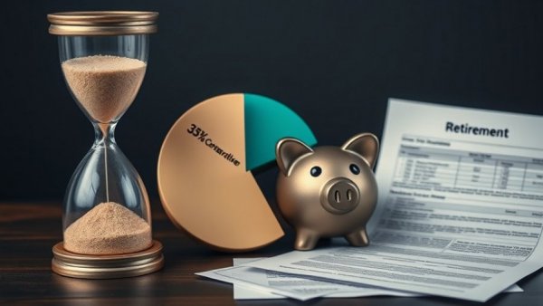 Policy uncertainty retirement planning symbolic image with pie chart, hourglass, piggy bank.