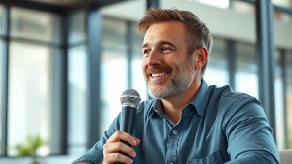 Smiling man holding microphone in modern office, highlighting coaching as a shortcut to success.