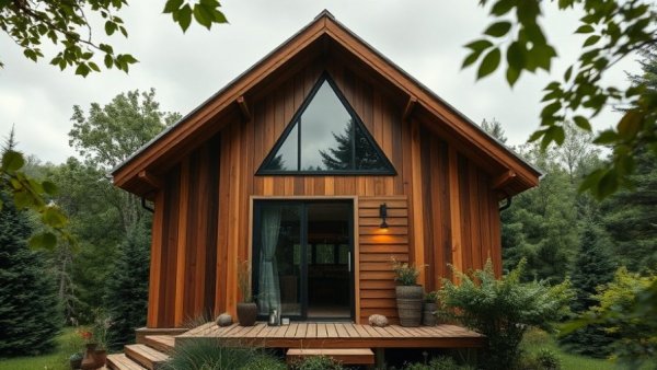 Modern tiny home with large window amidst trees for ADU vs Tiny Home.