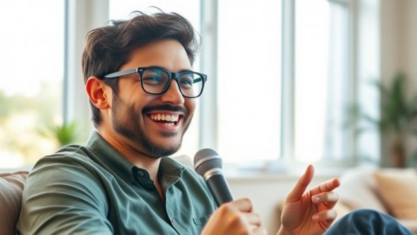 Cheerful man with microphone discussing his real estate journey.