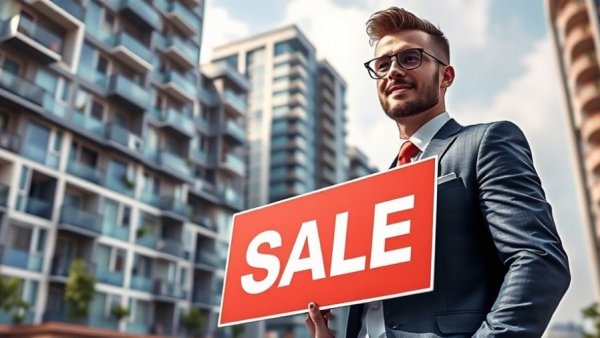 Discounted Properties ad with SALE sign and man in suit.