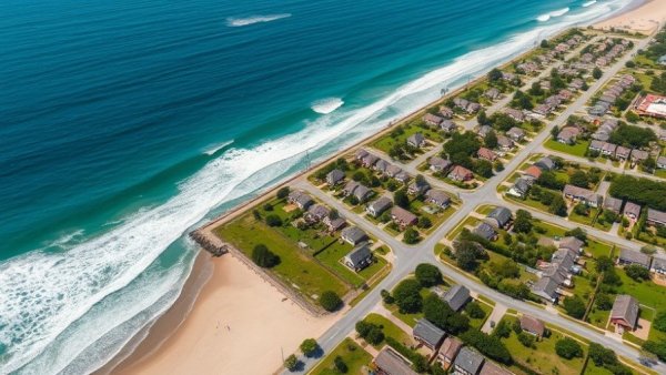 Aerial view of coastal suburban neighborhood near a beach.
