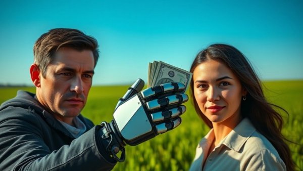 AI impact on real estate: robotic hand with money near people.