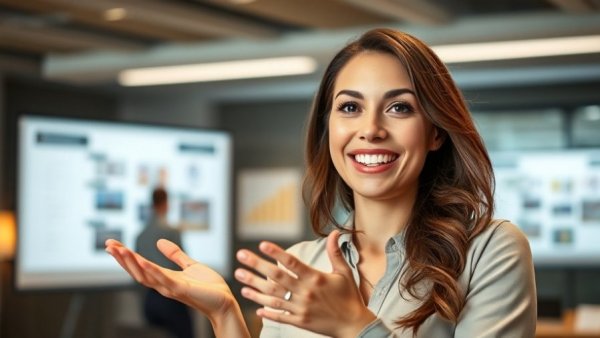 Smiling woman discusses content workflow for real estate in presentation.