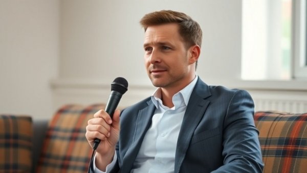 Confident speaker in suit holding microphone, discussing overcoming fear.