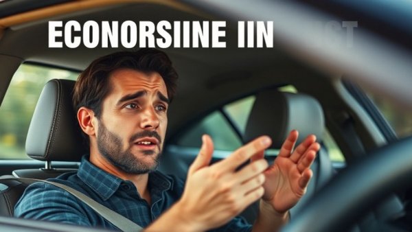 Casual man in car discusses Iran War economic impacts, with concern.