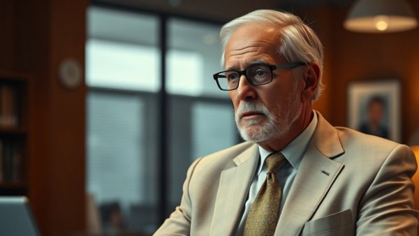 Older man explaining legal issues in warm office setting.