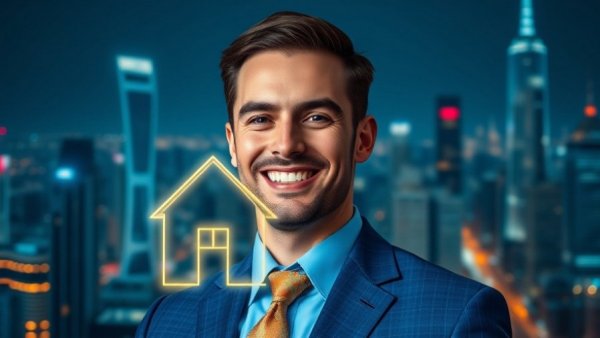 Confident man in blue suit with glowing house icon, nighttime cityscape.