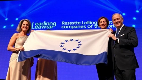 Formal ceremony with smiling group holding 'Leading Real Estate Companies of the World' banner.