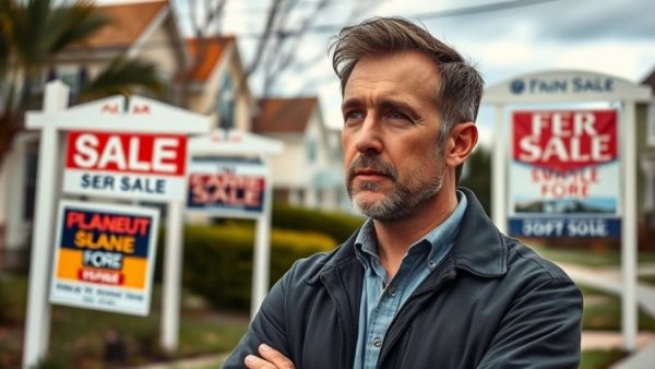 Man contemplating in front of real estate 'For Sale' signs in a suburban area.