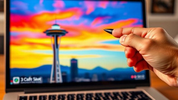 Canva AI for Realtors: digital Space Needle art on laptop.