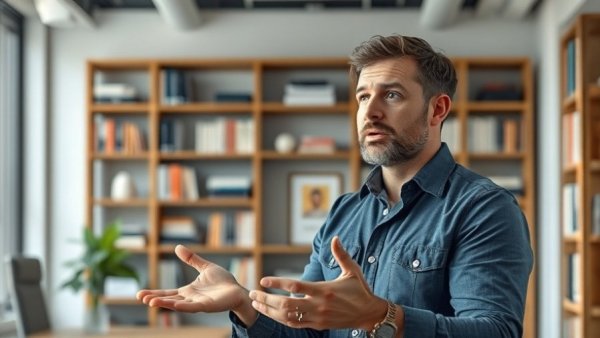 Casual man discussing 3-step real estate success strategy in office.