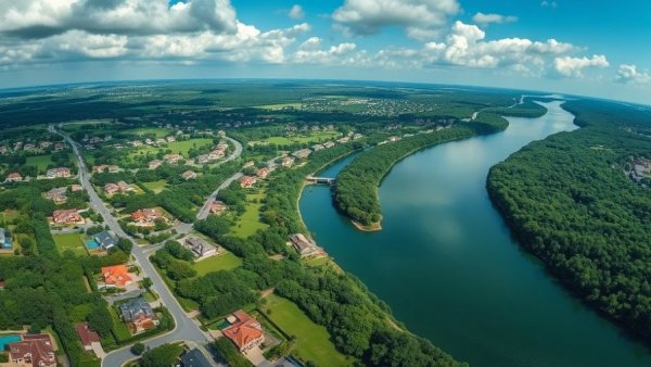 Aerial view of luxury riverfront homes, costs of living in upscale neighborhood.