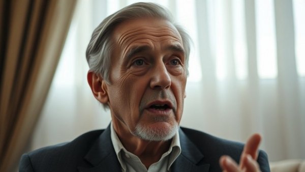 Distinguished man passionately speaking in a modern setting.