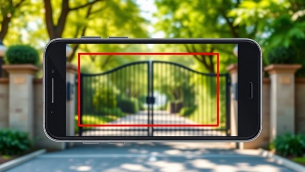 Smartphone displaying real estate text overlay with gate background.