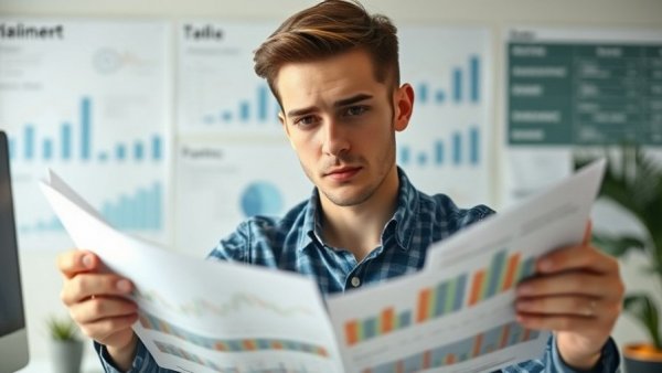 Young man analyzing a complex financial chart, concerned expression.