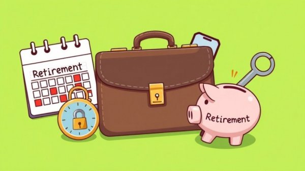 Illustrated symbols of retirement and financial security including a calendar and piggy bank.