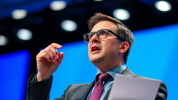 Male speaker at conference discussing viral money management strategy.