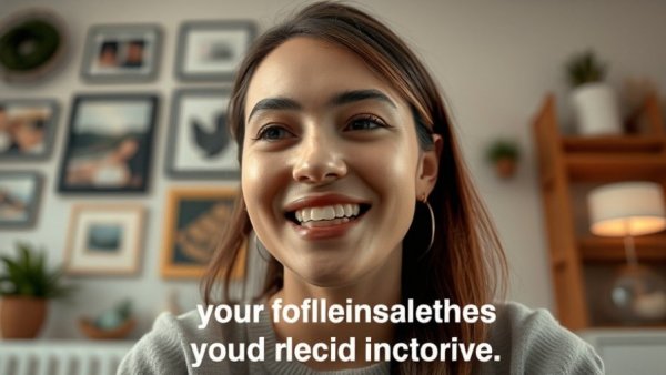 Engaging online communication with text overlay and smiling woman.