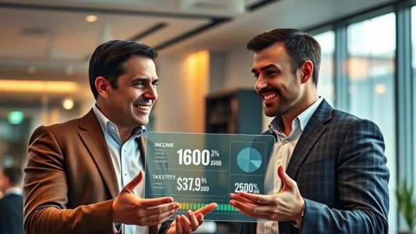 Confident individuals discussing 'trust in trifecta' with financial elements.