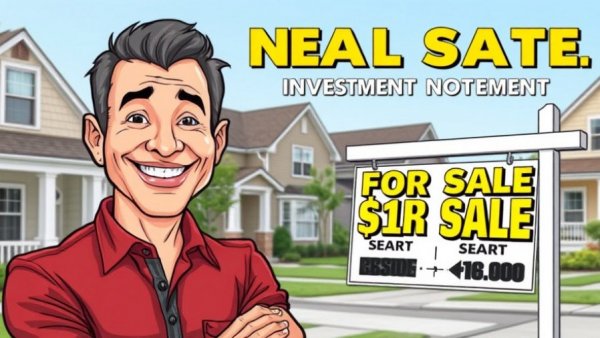 Real estate investment opportunities advertisement with for sale sign.