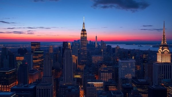 New York City skyline at dusk showcasing iconic skyscrapers.