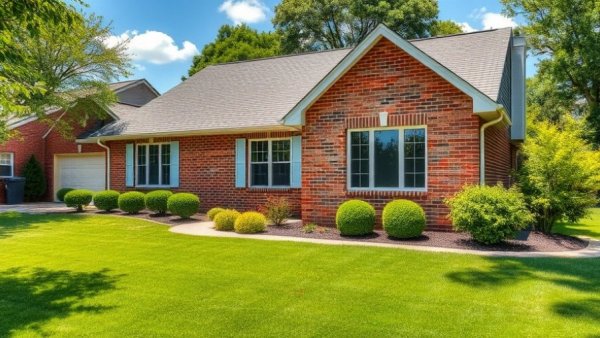 Charming brick house with green lawn on a sunny day.