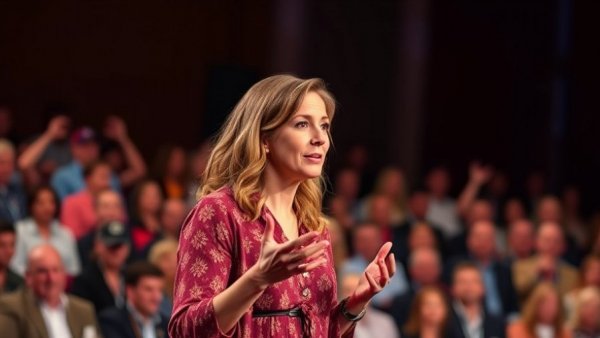 Female speaker discussing social media for realtors on stage.