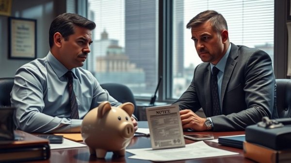 Two men discuss solutions for unpaid taxes with IRS notice in background.