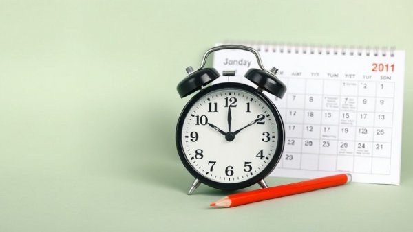 Classic alarm clock and calendar on green