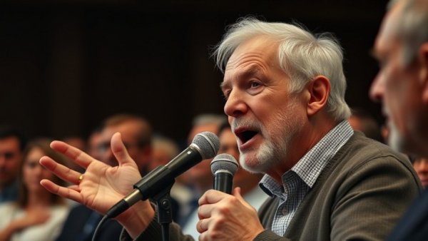 Engaging elderly speaker during seminar conveying storytelling.