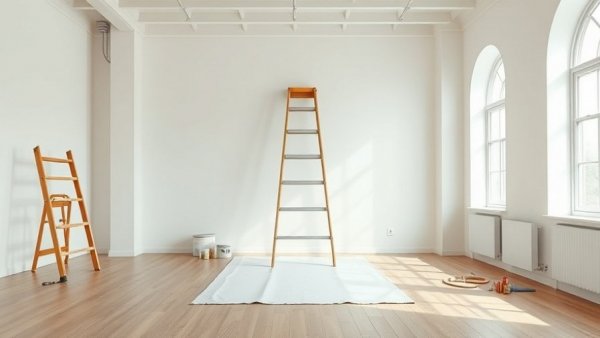 Room ready for renovation with painting supplies for selling a house in poor condition.