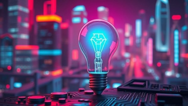 Futuristic AI bulb in technological real estate setting.