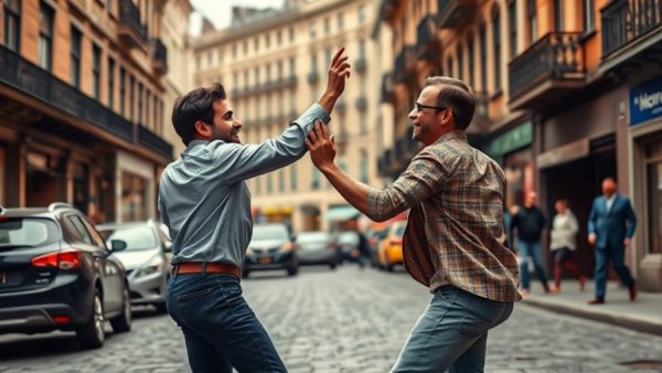 Two men joyfully dancing on a city street, emphasizing personal connections.