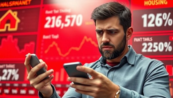 Concerned man discussing fake housing data with infographic background.