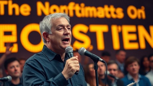 Man speaking into microphone in vibrant studio with text background.