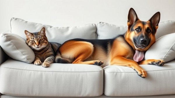 Calm tabby cat and German Shepherd relaxing on sofa, moving with pets.