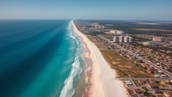 Aerial view of coastal town highlighting sea-level proximity.