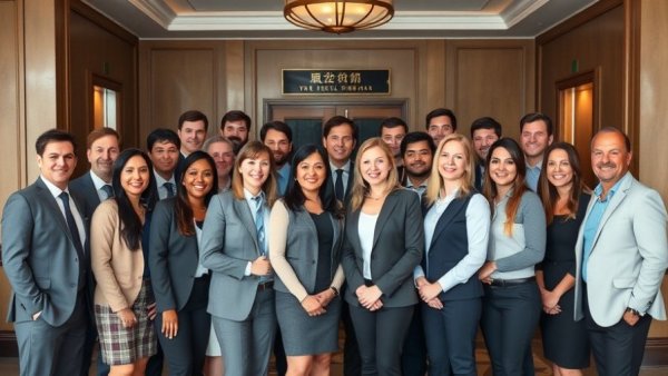 Group photo of professionals at Fairlane Hotel, smiling in lobby.