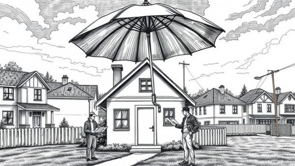 Engraving of home insurance impact on real estate transactions with umbrella.