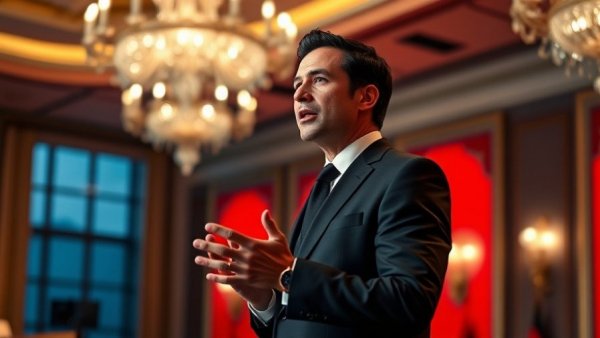 Man presenting at broker platform launch event, stylish indoor setup.